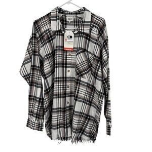 BKE Boyfriend Plaid Flannel Shirt Cream Chocolate Black Frayed Hem Large NWT